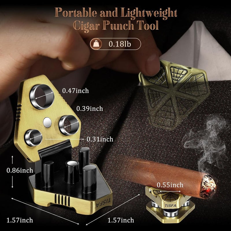TISFA Cigar Punch Tool, Cigar Punch Cutter with Cigar Holder 2 in 1, Foldable 3 Sizes Cigar Hole Punch and 3 Cigar Stand Cigar Kit, Multifunctional Stainless Steel Puncher with Gift Box (Bronze) - Image 2
